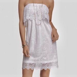 Express women’s ivory strapless lace-overlay dress with open back detail, XS.